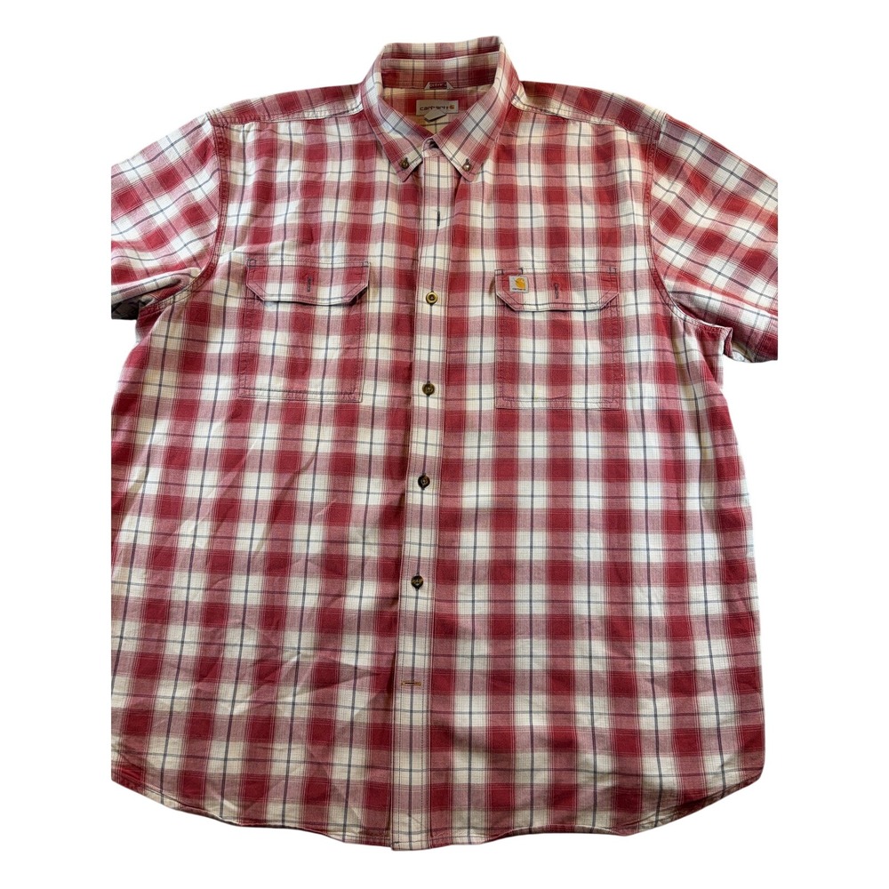 Carhartt Mens 2XL Short Sleeve Plaid Button Down Work Shirt Red White 1622